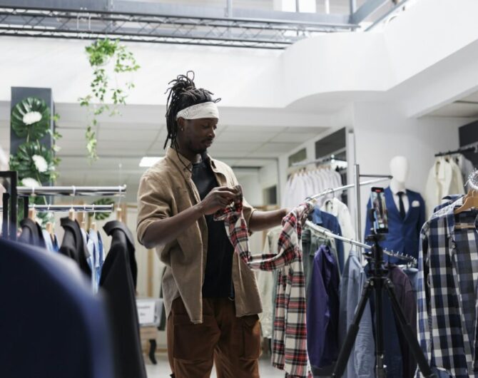 Influencer speaking about clothing brand in store, recording video