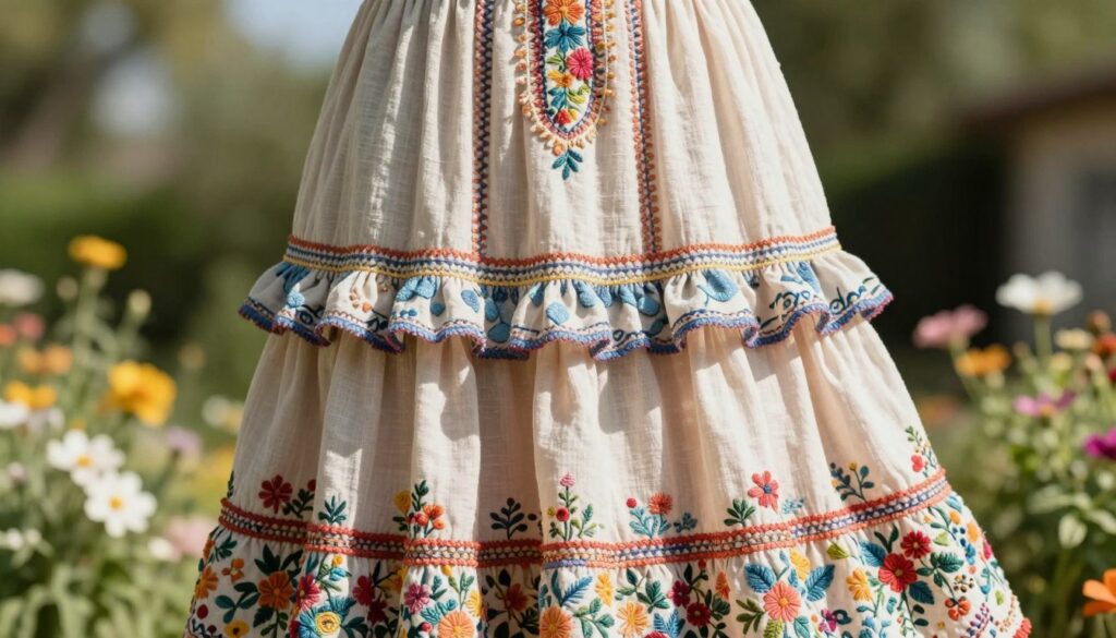 Stickereien Rüschen Blumenmuster Boho Kleid